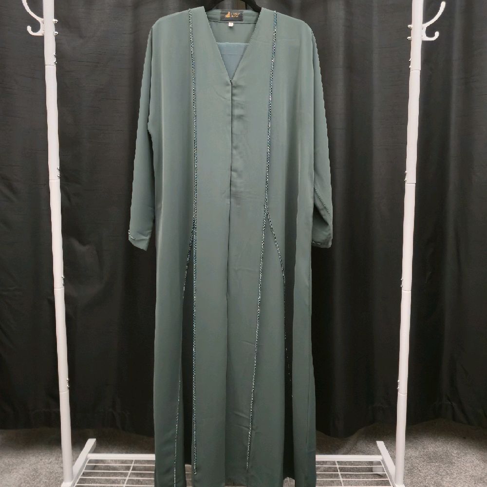 Ayla Open Front 3 Piece Beaded Abaya Set – Emerald & Blush Pink