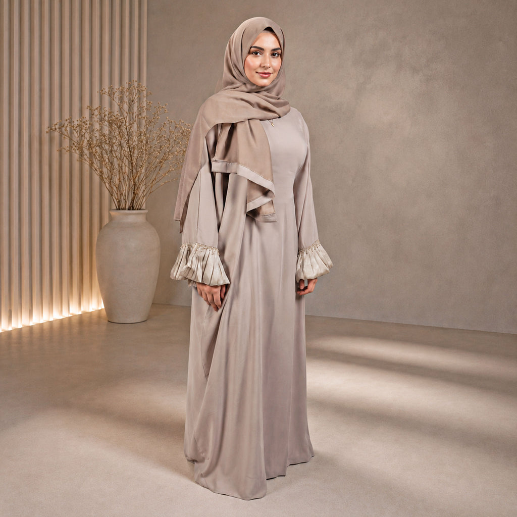 Almas Beige Butterfly Abaya in Premium Nida Fabric with Diamond Lace Sleeves