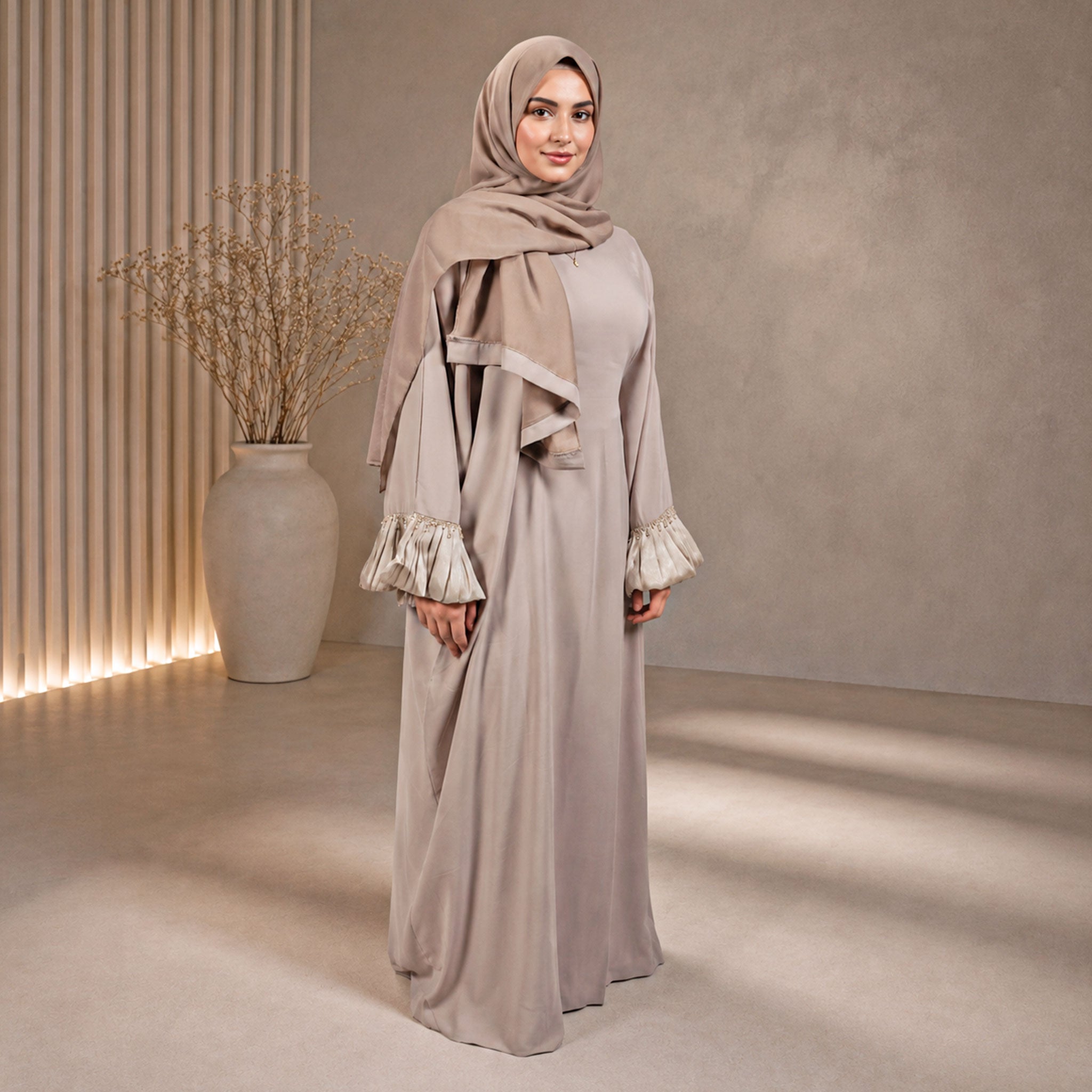Almas Beige Butterfly Abaya in Premium Nida Fabric with Diamond Lace Sleeves