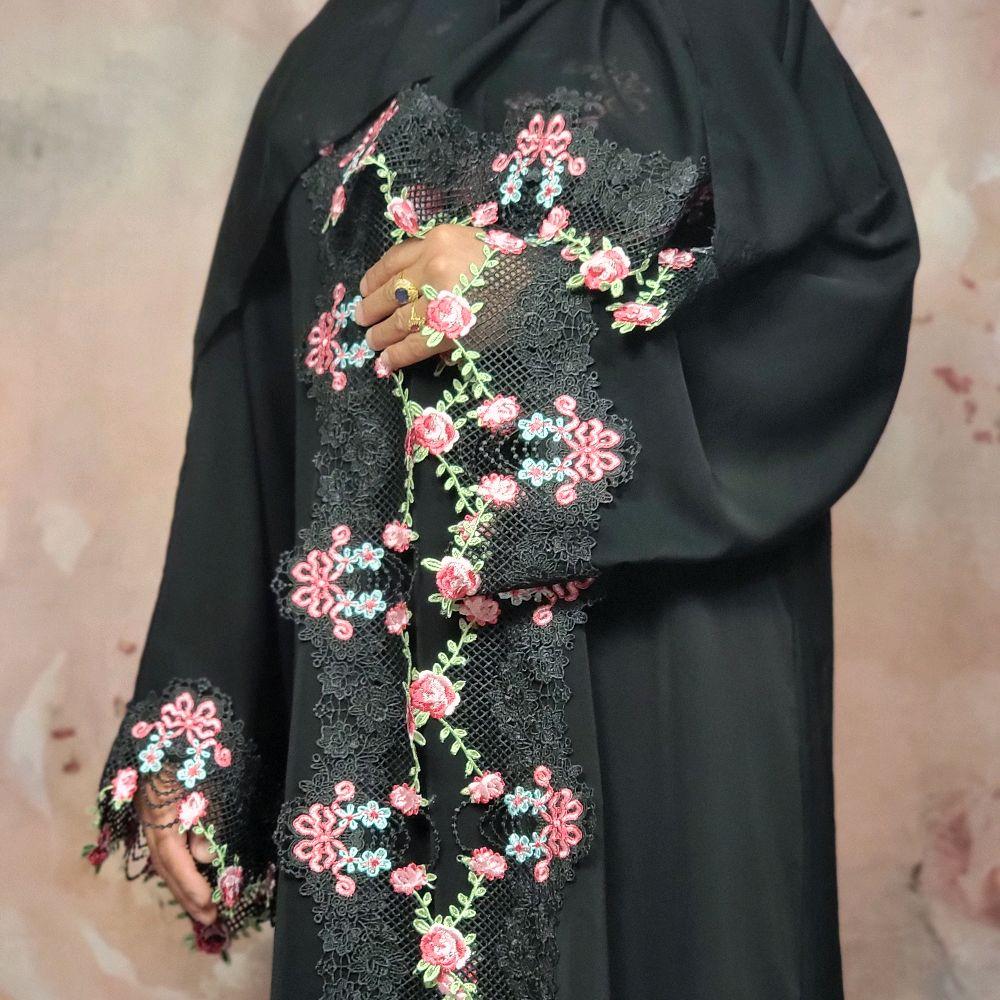 Nardine Lace Floral 4 Piece Abaya Set with Inner Slip, Belt & Scarf