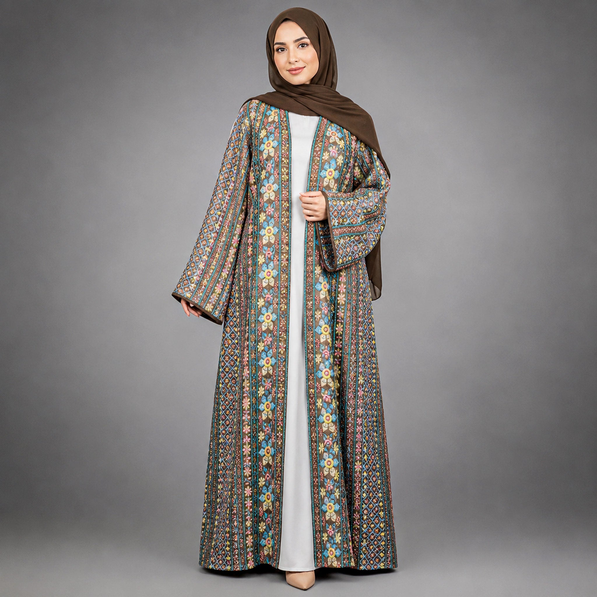Chiffon Paisley Pattern Abaya with Stone Embellishments, Belt & Scarf