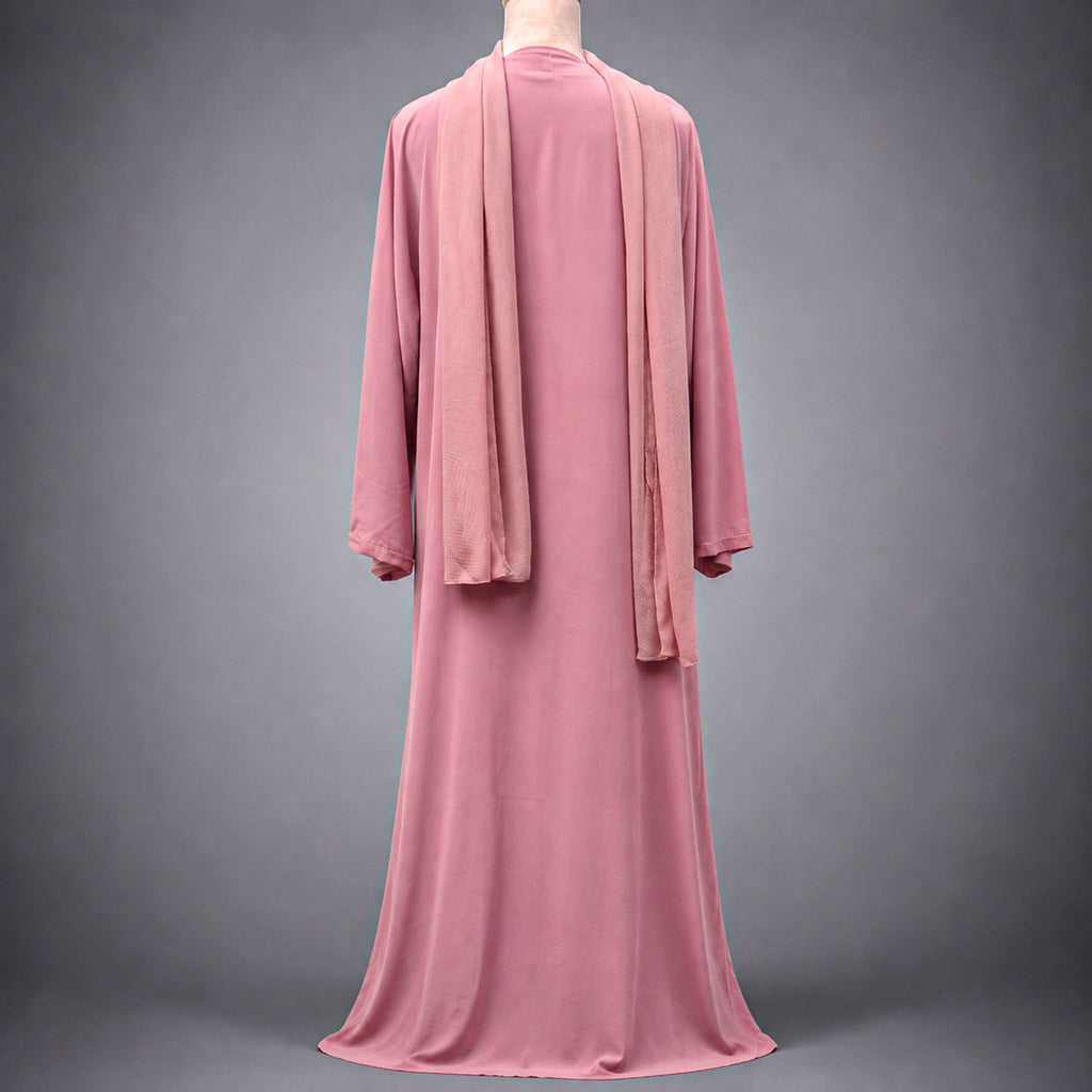 Ayla Open Front 3 Piece Beaded Abaya Set – Emerald & Blush Pink