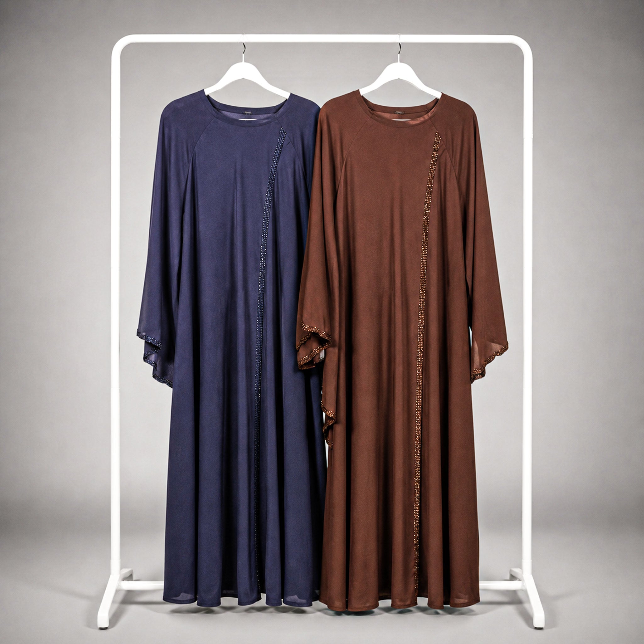 Layan Dress Abaya with Flowy Sleeves – Elegant Modest Wear in Navy & Chocolate Brown