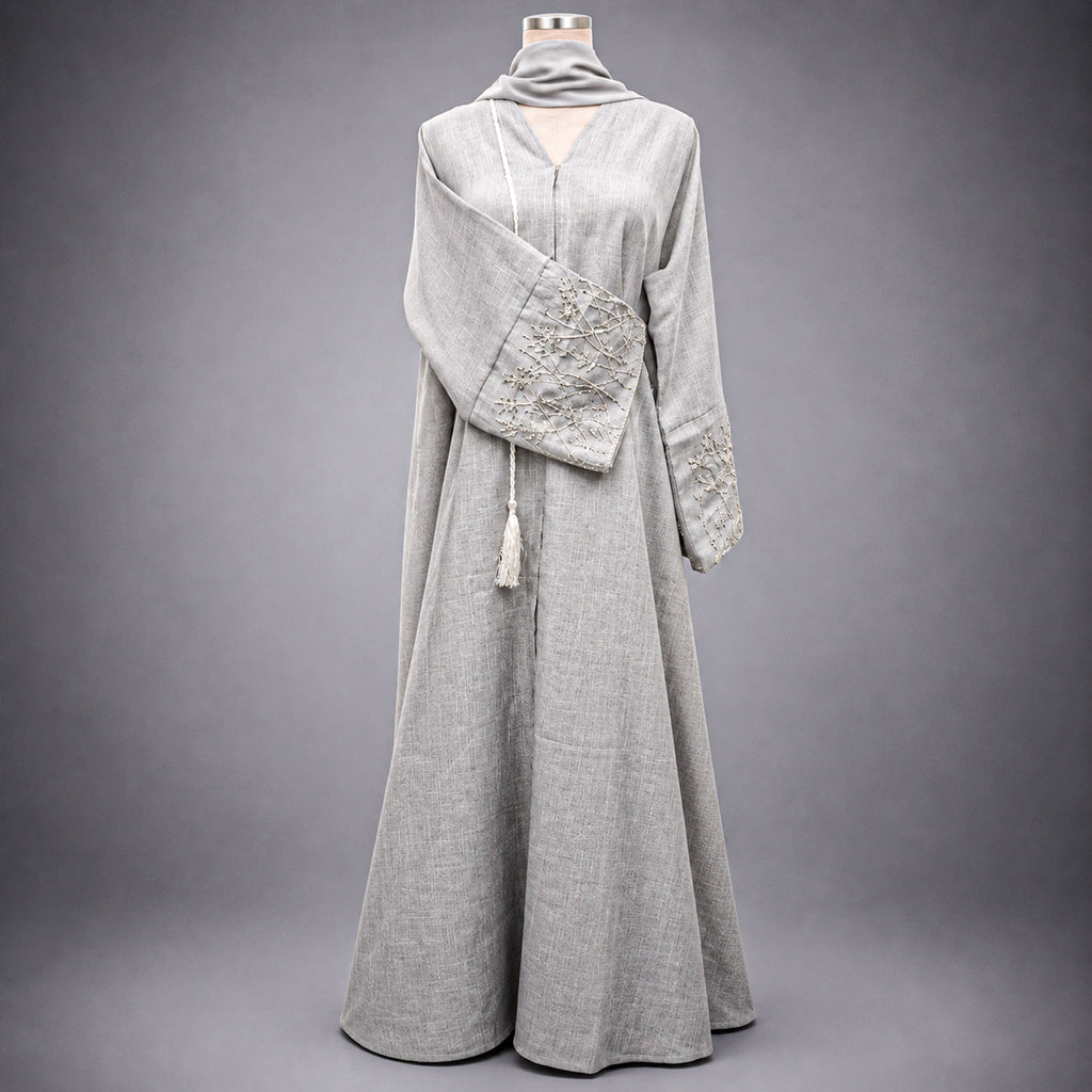 Reem Light Grey Abaya with Beaded Sleeves & Embroidered Clutch
