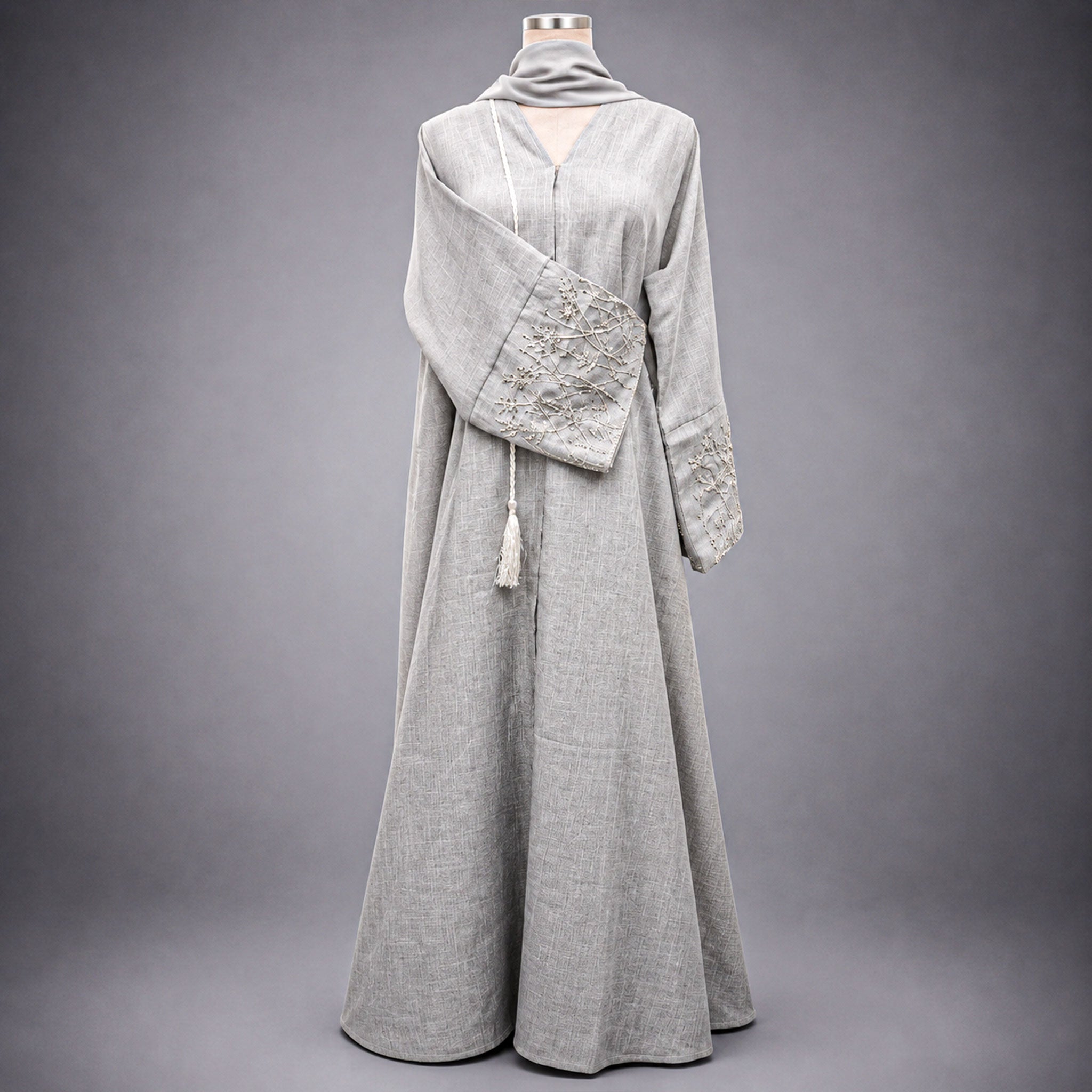 Reem Light Grey Abaya with Beaded Sleeves & Embroidered Clutch