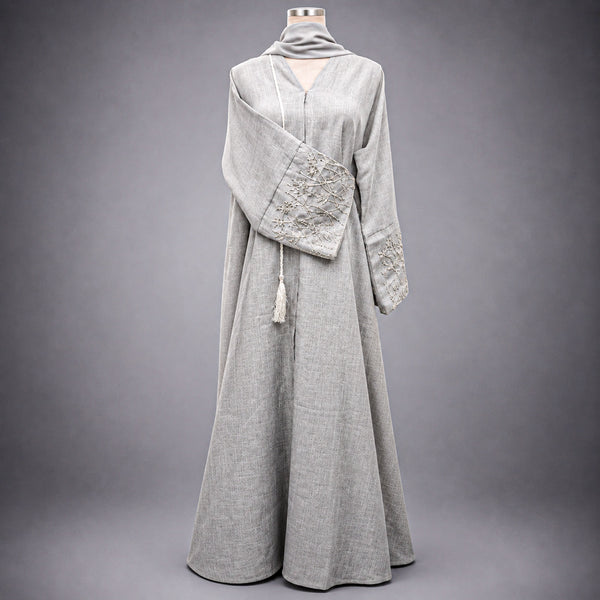 Reem Light Grey Abaya with Beaded Sleeves & Embroidered Clutch