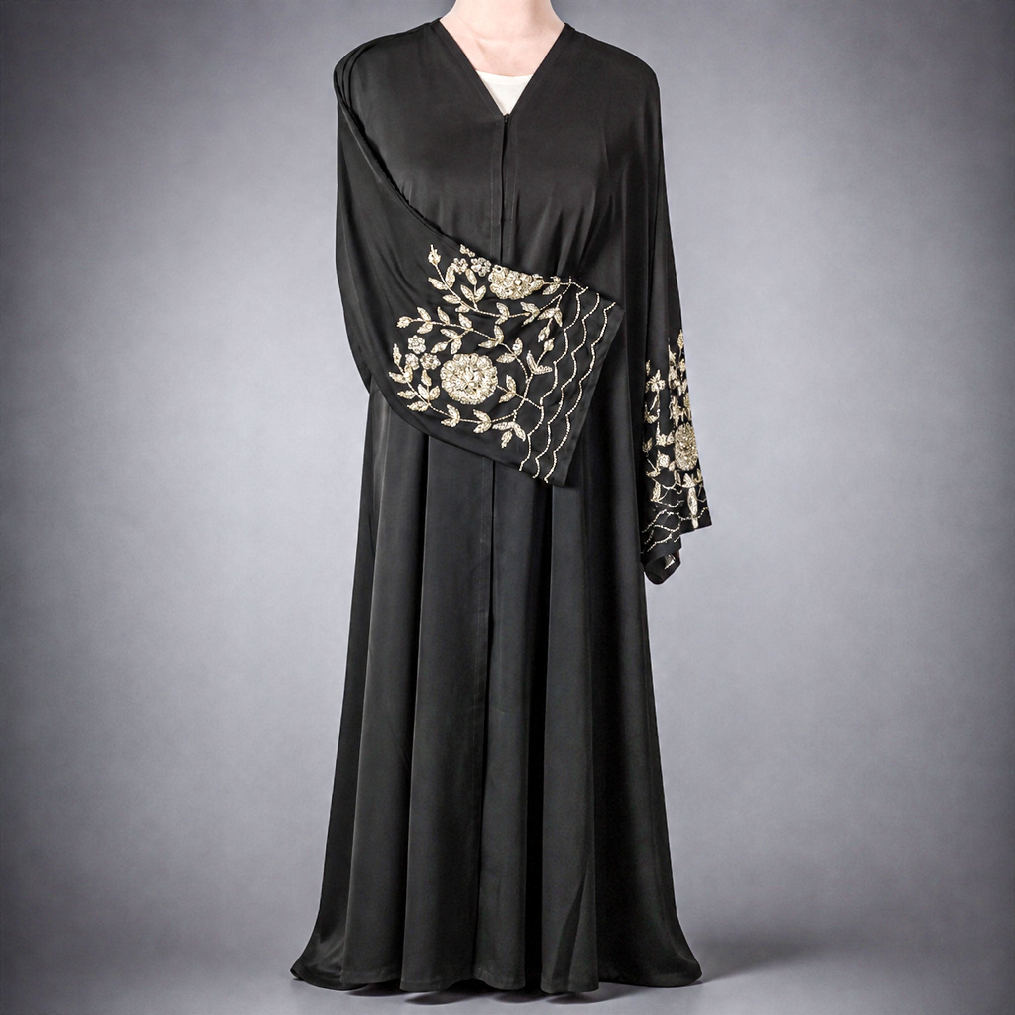 Anaya Black Korean Nida Abaya with Beaded Handwork Sleeves