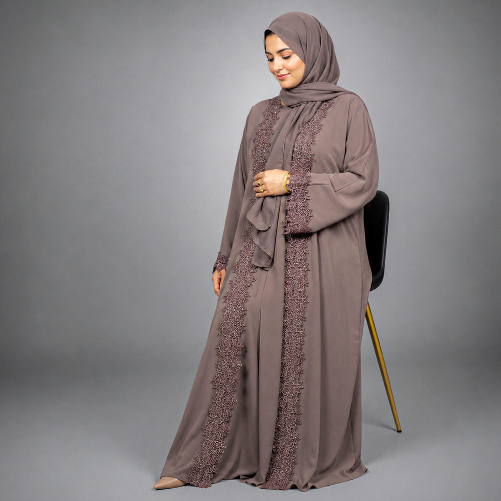 Maryam Lace 4 Piece Abaya Set with Inner Slip, Belt & Scarf – Purple