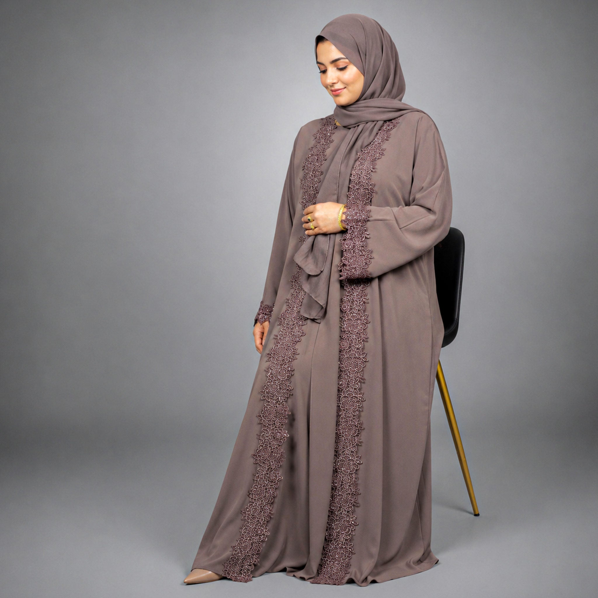 Maryam Lace 4 Piece Abaya Set with Inner Slip, Belt & Scarf – Purple