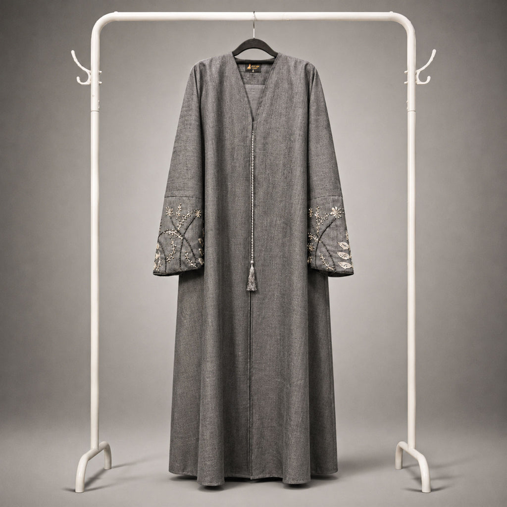 Maya 3 Piece Linen Abaya Set with Embroidered Detailing & V-Neck – Dark Grey