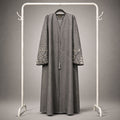 Maya 3 Piece Linen Abaya Set with Embroidered Detailing & V-Neck – Dark Grey