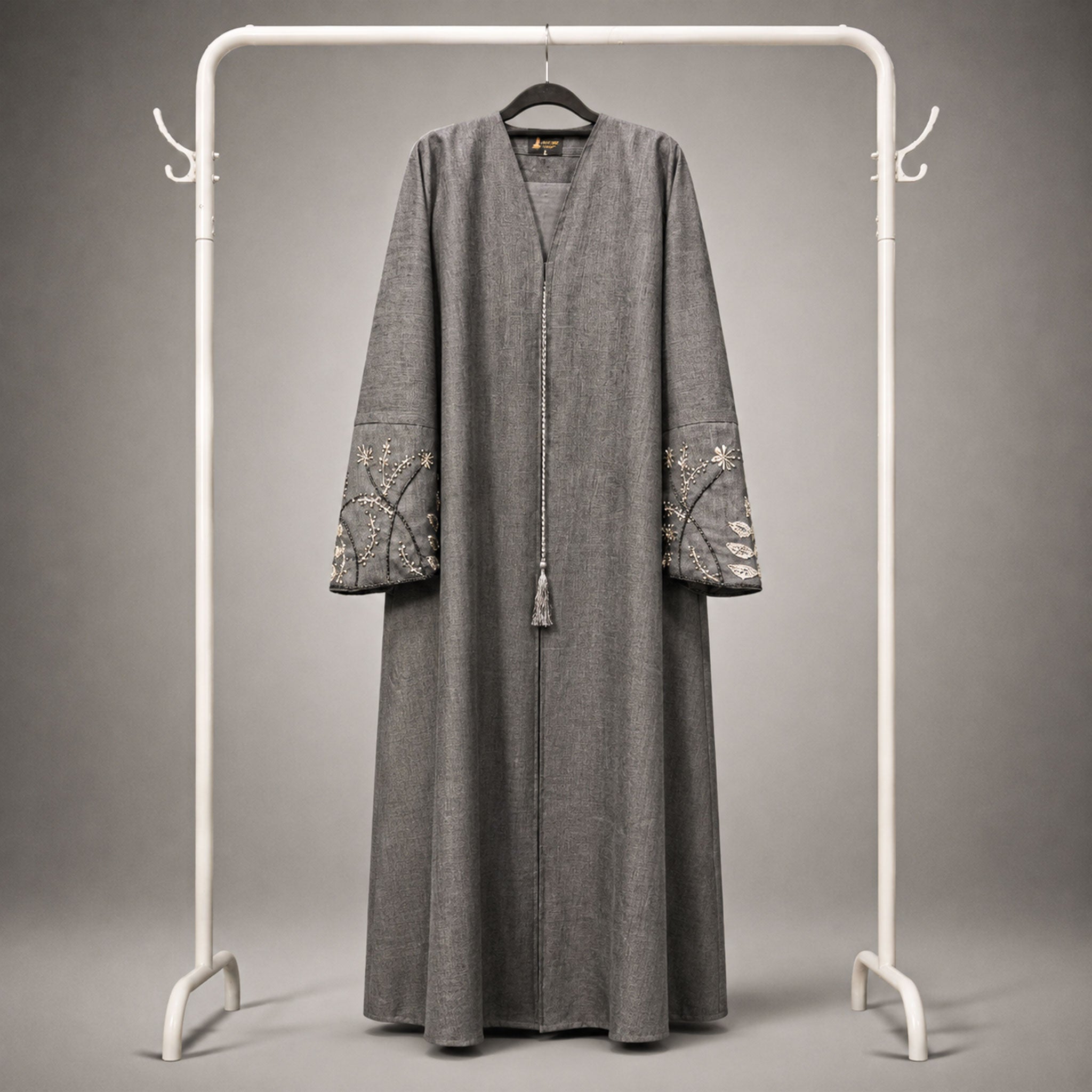 Maya 3 Piece Linen Abaya Set with Embroidered Detailing & V-Neck – Dark Grey