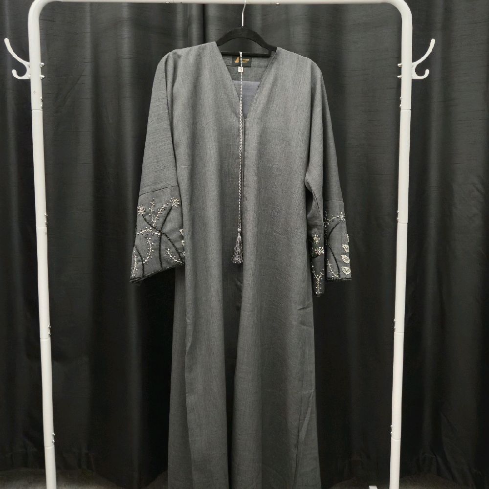 Maya 3 Piece Linen Abaya Set with Embroidered Detailing & V-Neck – Dark Grey