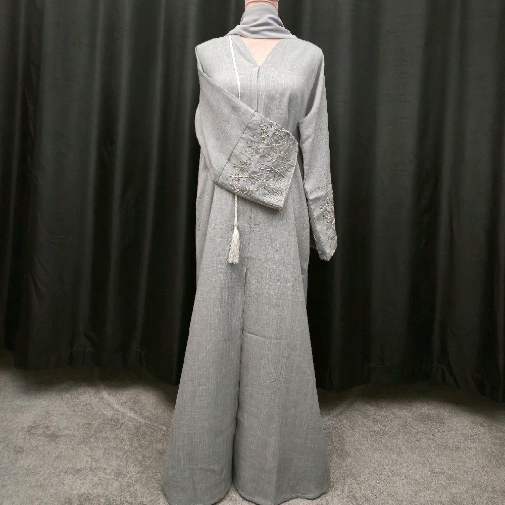 Reem Light Grey Abaya with Beaded Sleeves & Embroidered Clutch