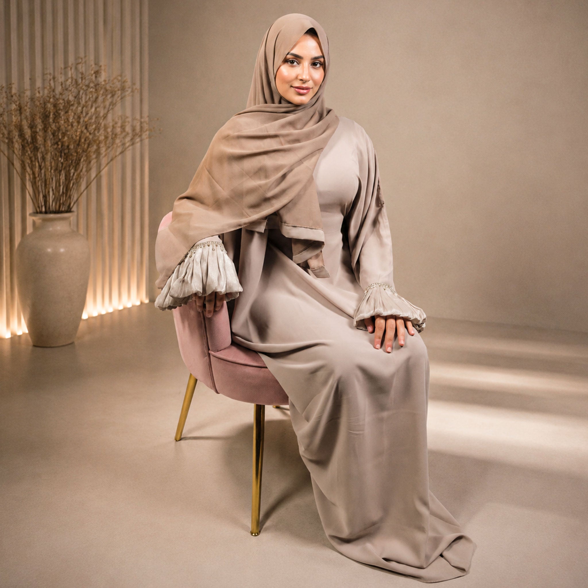 Almas Beige Butterfly Abaya in Premium Nida Fabric with Diamond Lace Sleeves