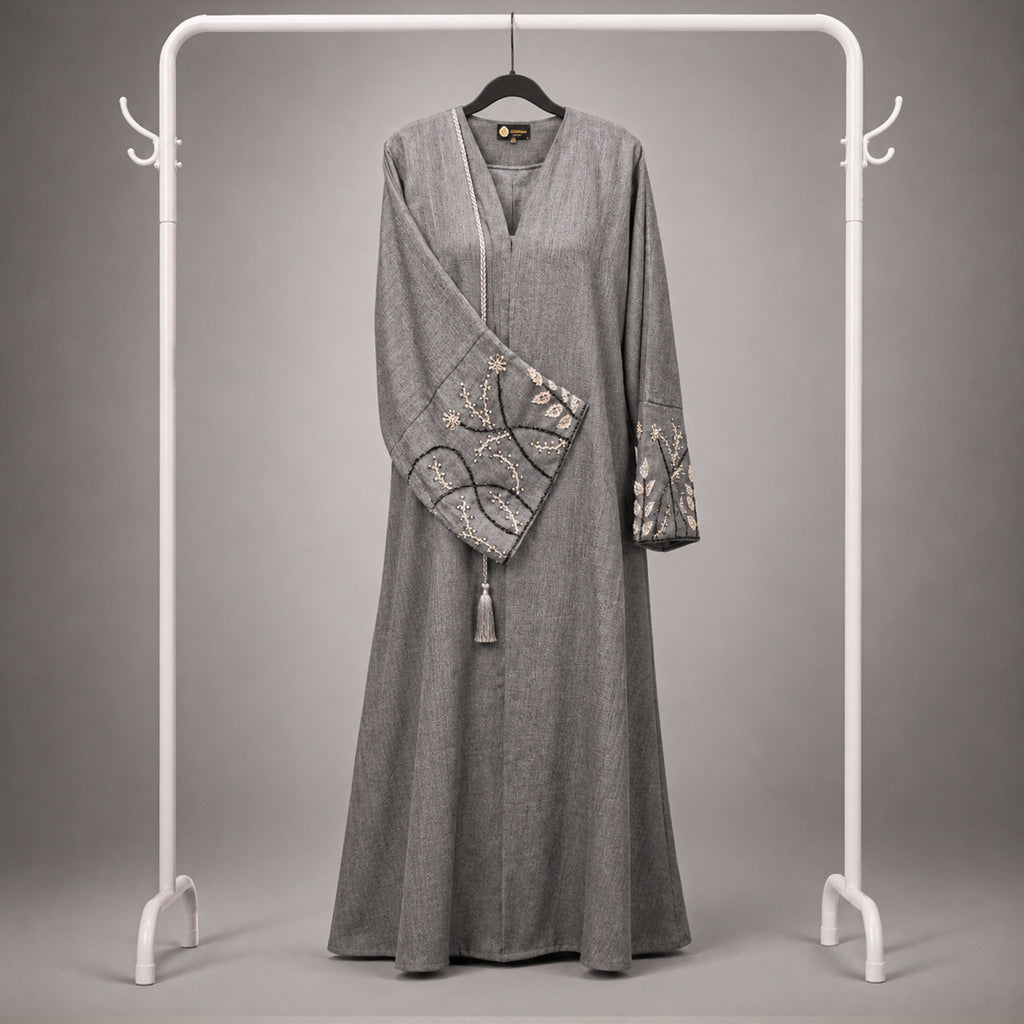 Maya 3 Piece Linen Abaya Set with Embroidered Detailing & V-Neck – Dark Grey