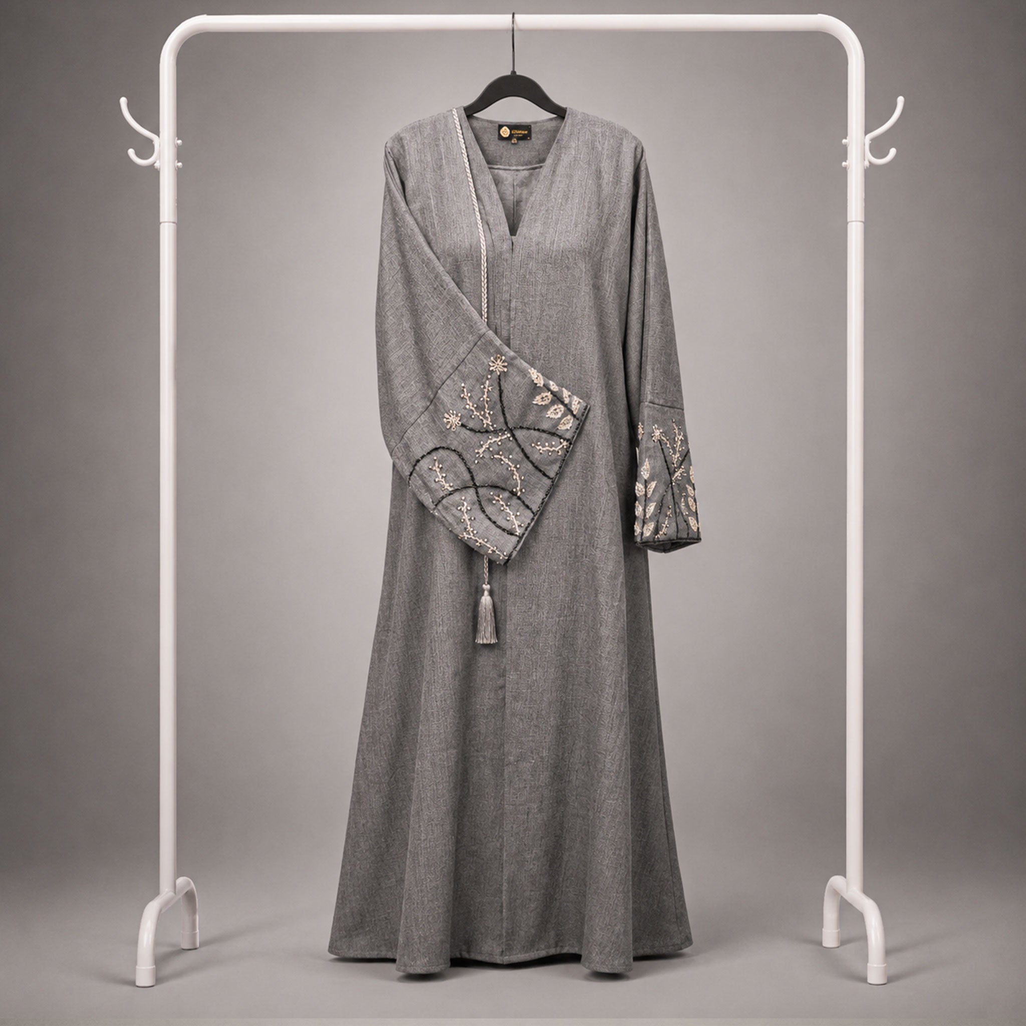 Maya 3 Piece Linen Abaya Set with Embroidered Detailing & V-Neck – Dark Grey