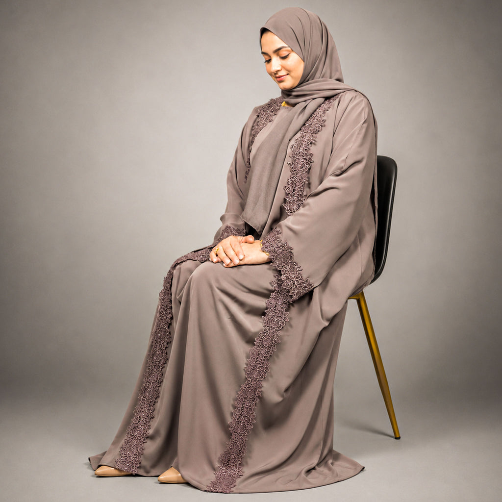 Maryam Lace 4 Piece Abaya Set with Inner Slip, Belt & Scarf – Purple