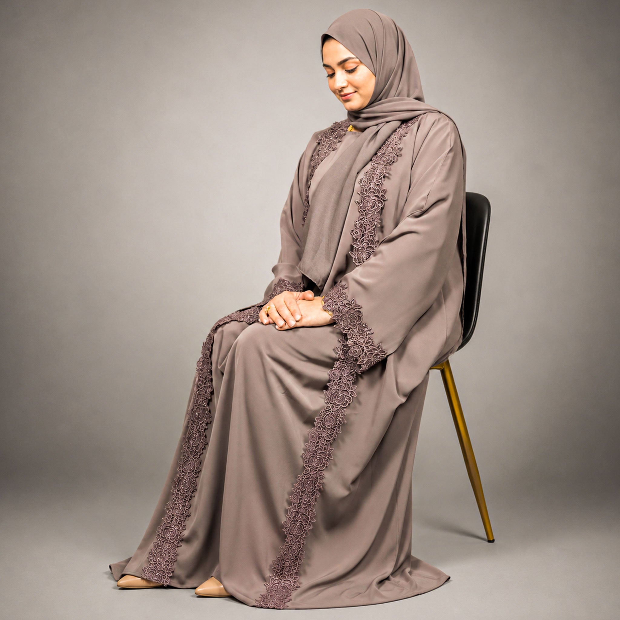 Maryam Lace 4 Piece Abaya Set with Inner Slip, Belt & Scarf – Purple