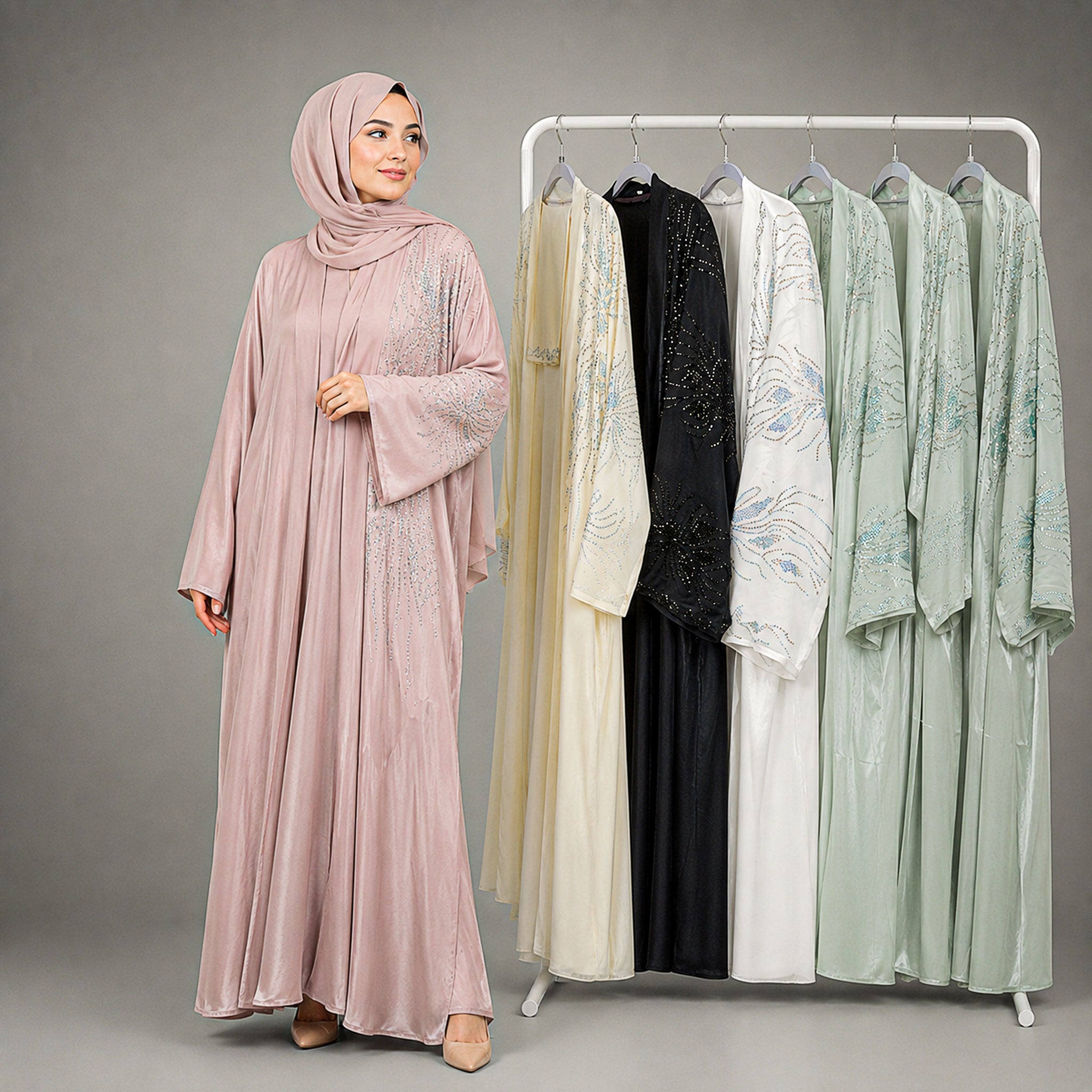 Yusrah 4 Piece Organza & Nida Abaya Set with Diamante Detailing