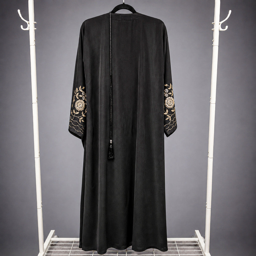 Anaya Black Korean Nida Abaya with Beaded Handwork Sleeves