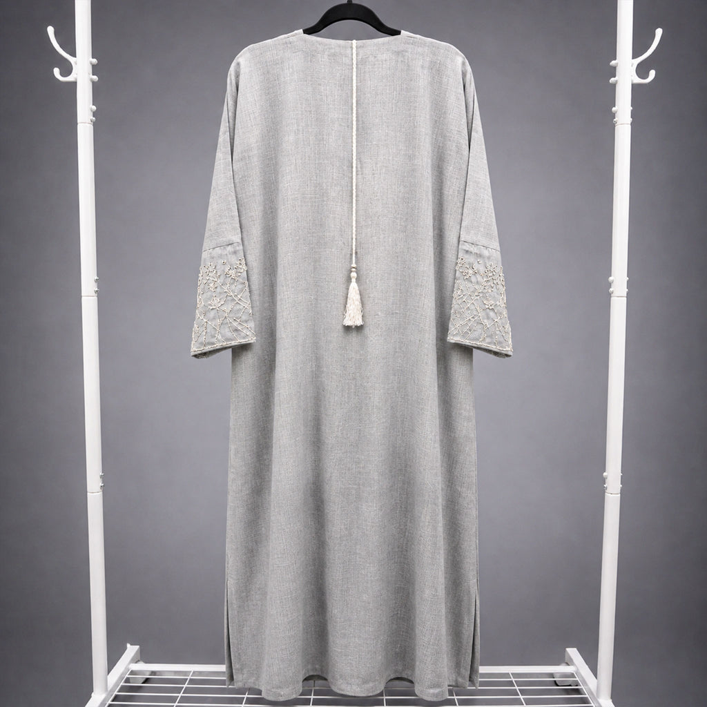 Reem Light Grey Abaya with Beaded Sleeves & Embroidered Clutch