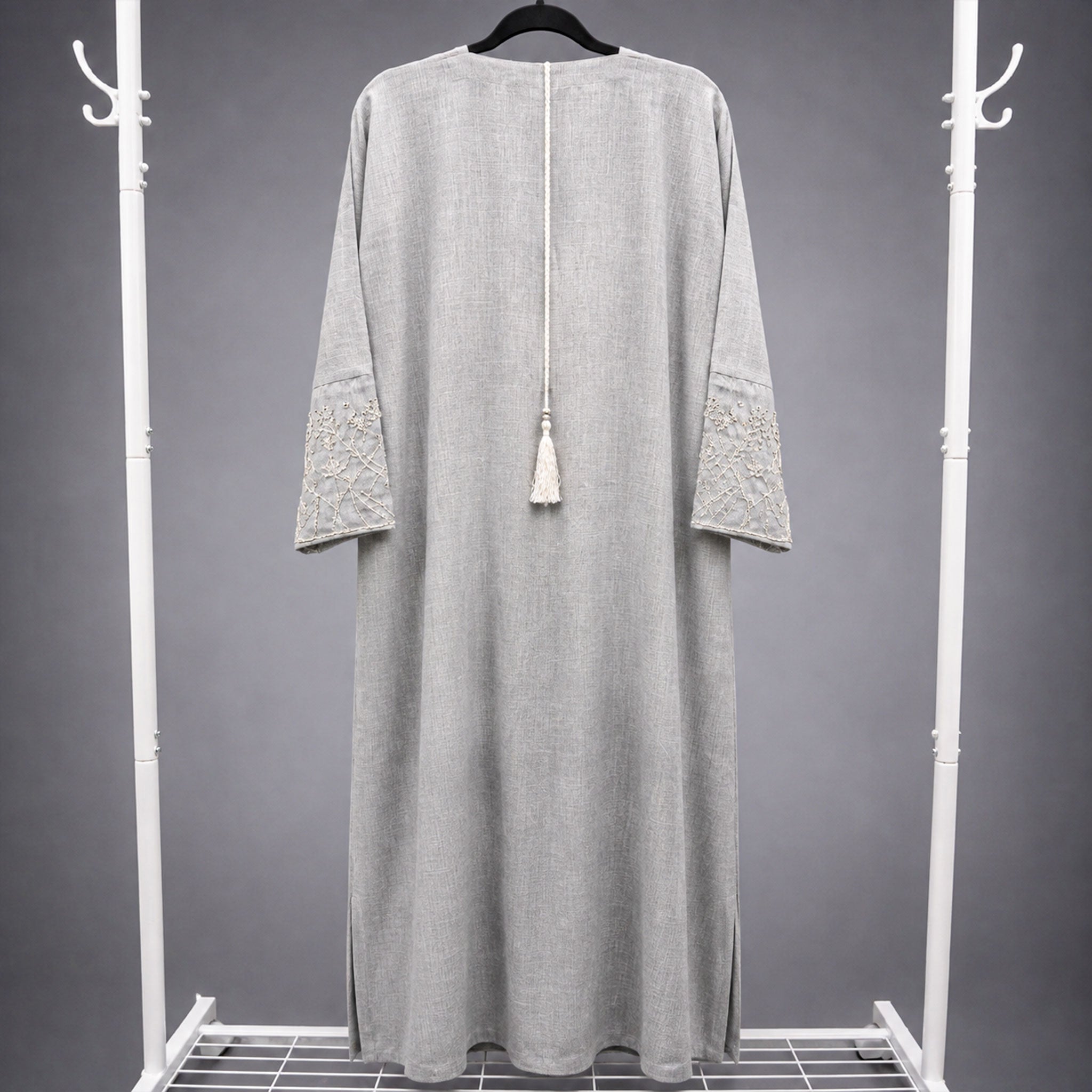 Reem Light Grey Abaya with Beaded Sleeves & Embroidered Clutch