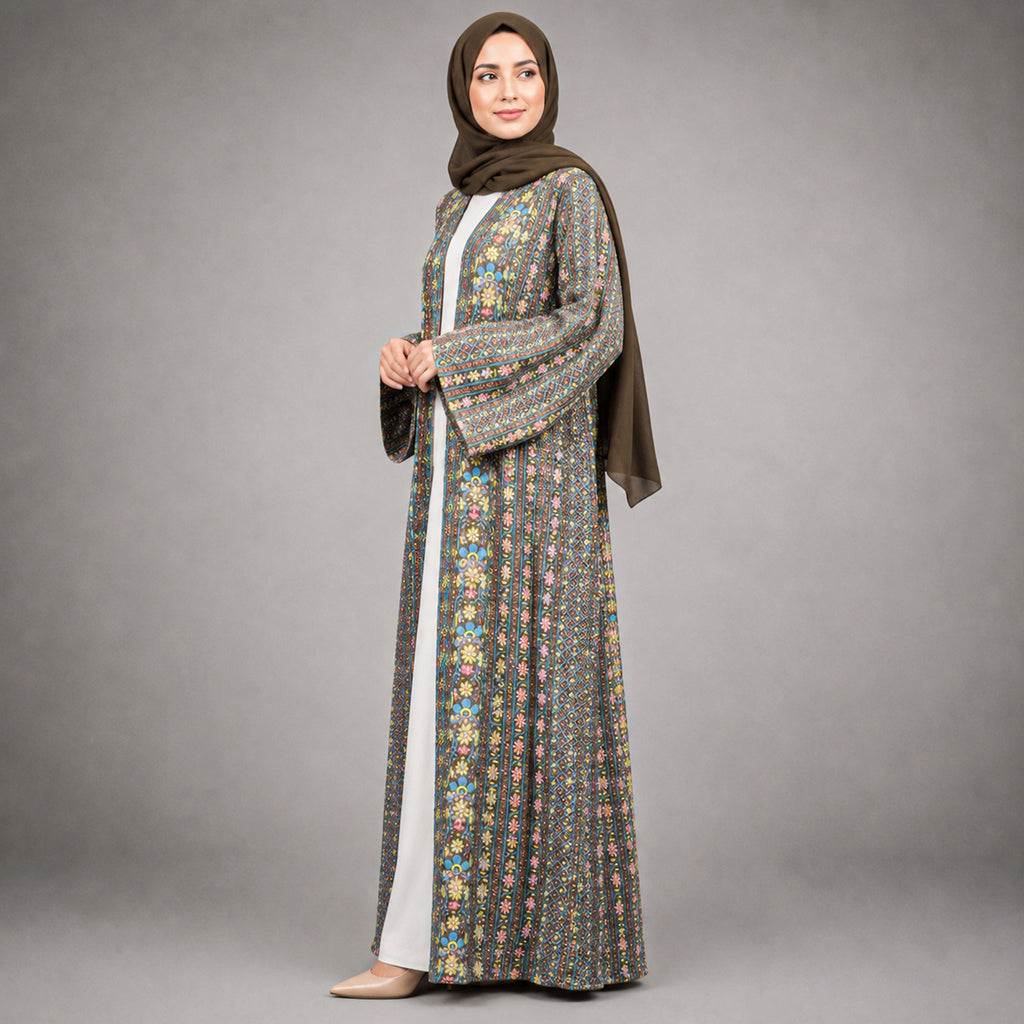 Chiffon Paisley Pattern Abaya with Stone Embellishments, Belt & Scarf