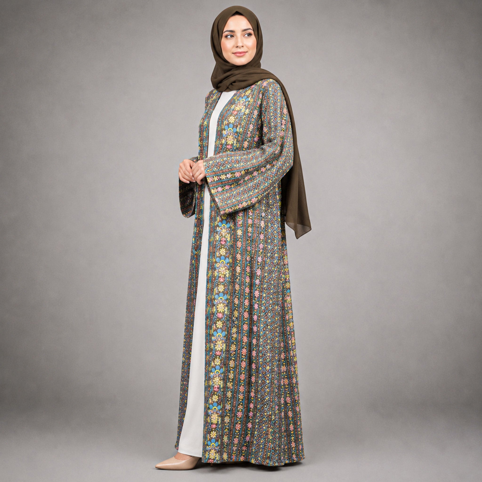 Chiffon Paisley Pattern Abaya with Stone Embellishments, Belt & Scarf