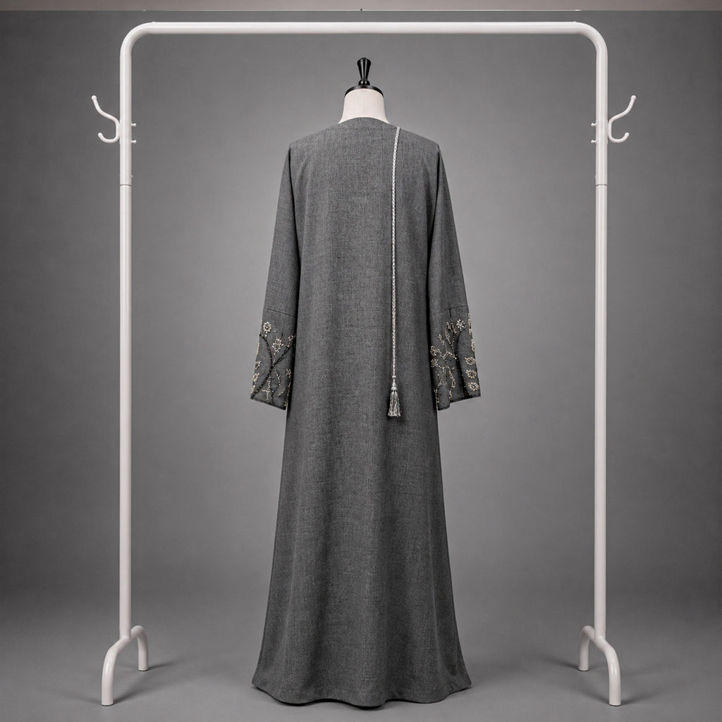 Maya 3 Piece Linen Abaya Set with Embroidered Detailing & V-Neck – Dark Grey