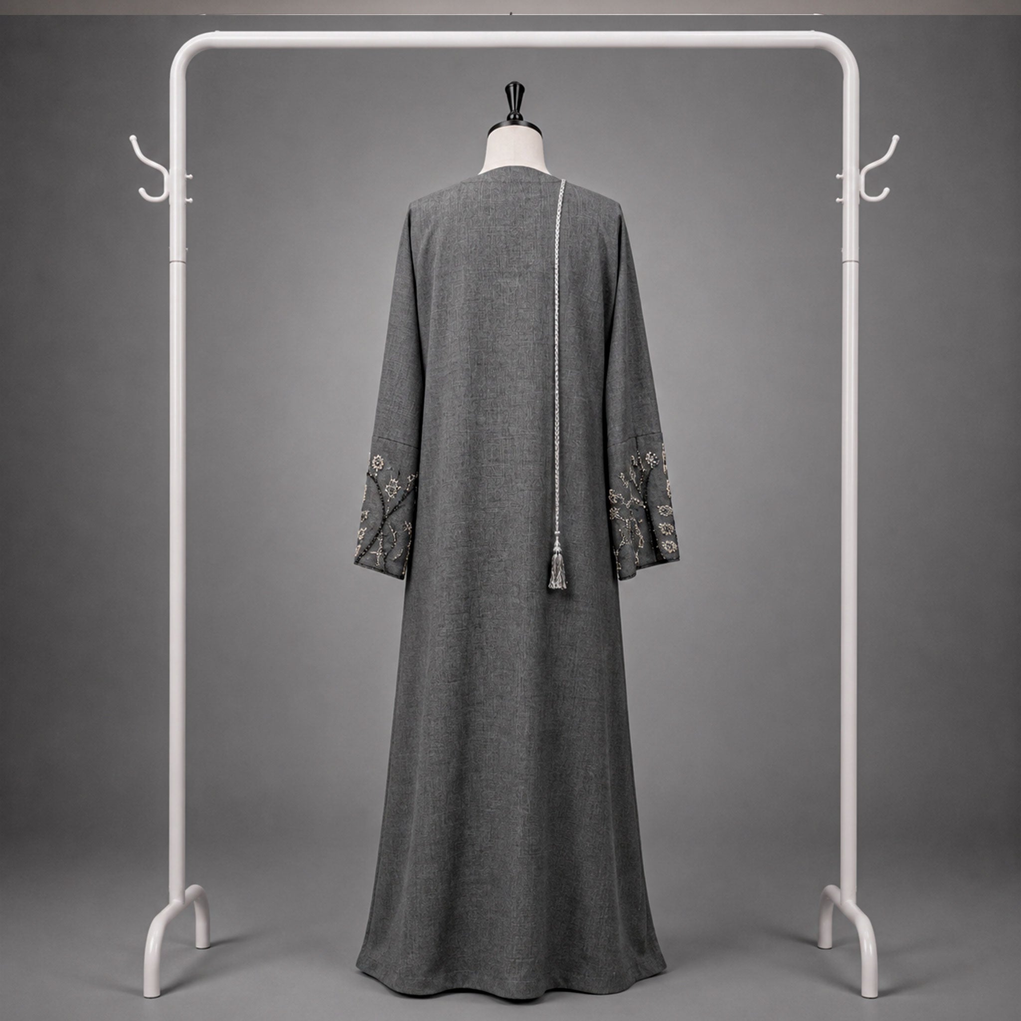Maya 3 Piece Linen Abaya Set with Embroidered Detailing & V-Neck – Dark Grey