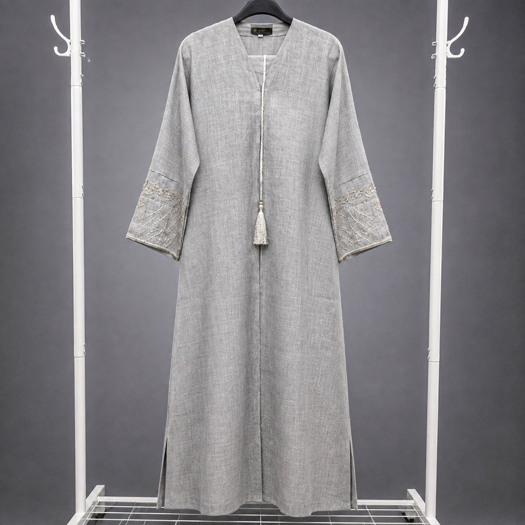 Reem Light Grey Abaya with Beaded Sleeves & Embroidered Clutch