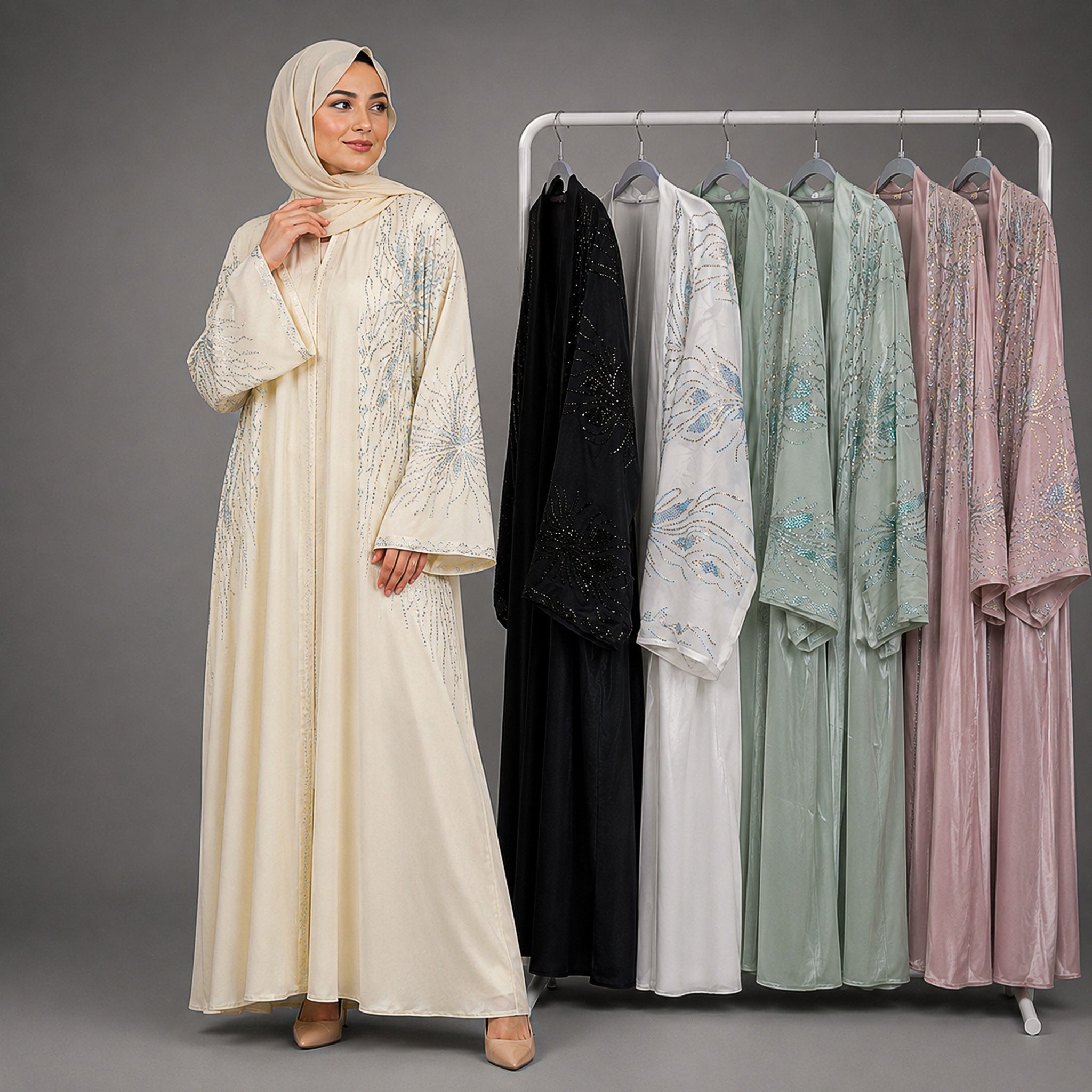 Yusrah 4 Piece Organza & Nida Abaya Set with Diamante Detailing