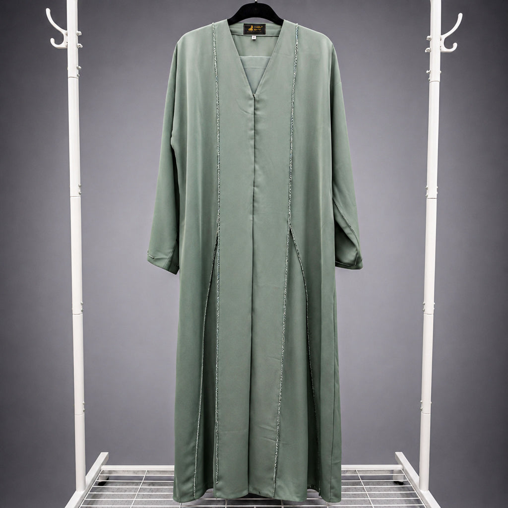 Ayla Open Front 3 Piece Beaded Abaya Set – Emerald & Blush Pink