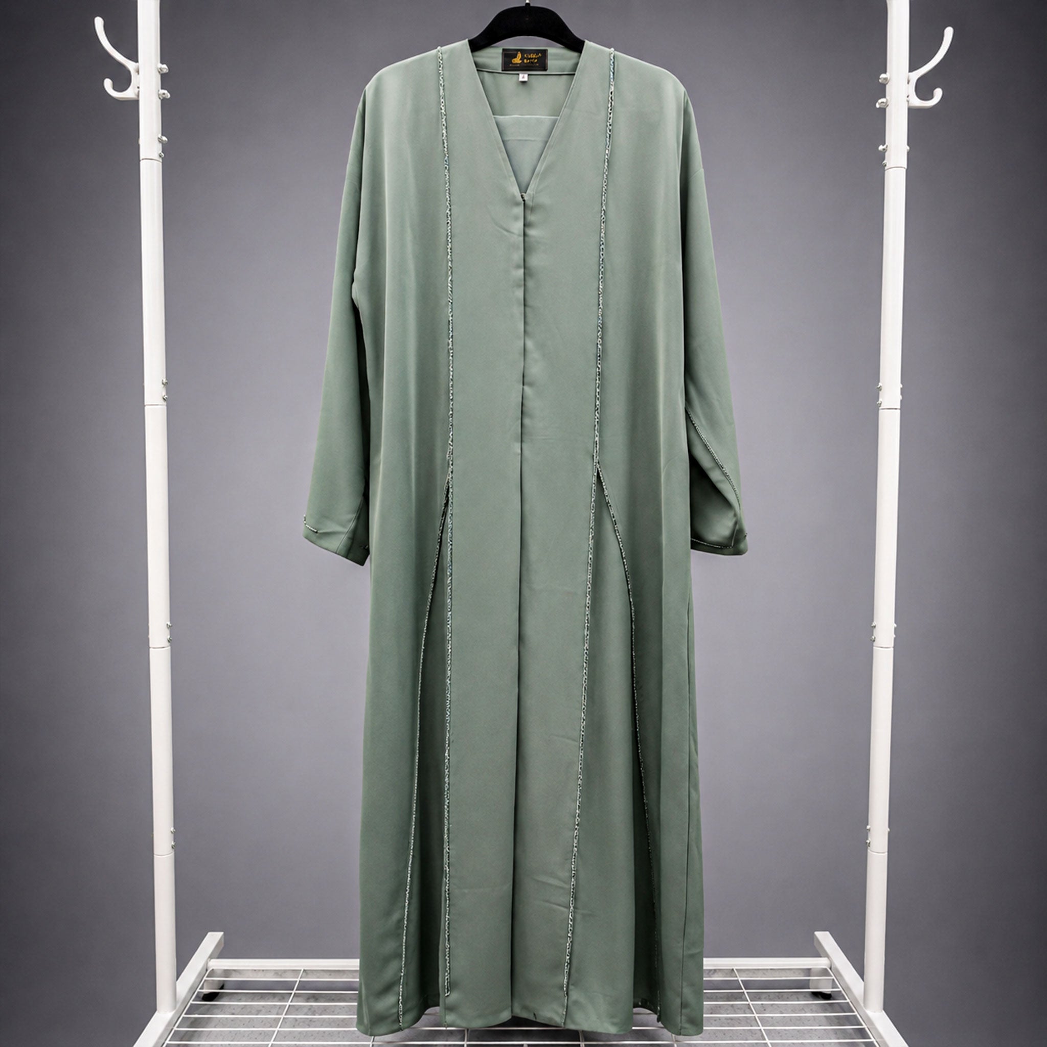 Ayla Open Front 3 Piece Beaded Abaya Set – Emerald & Blush Pink