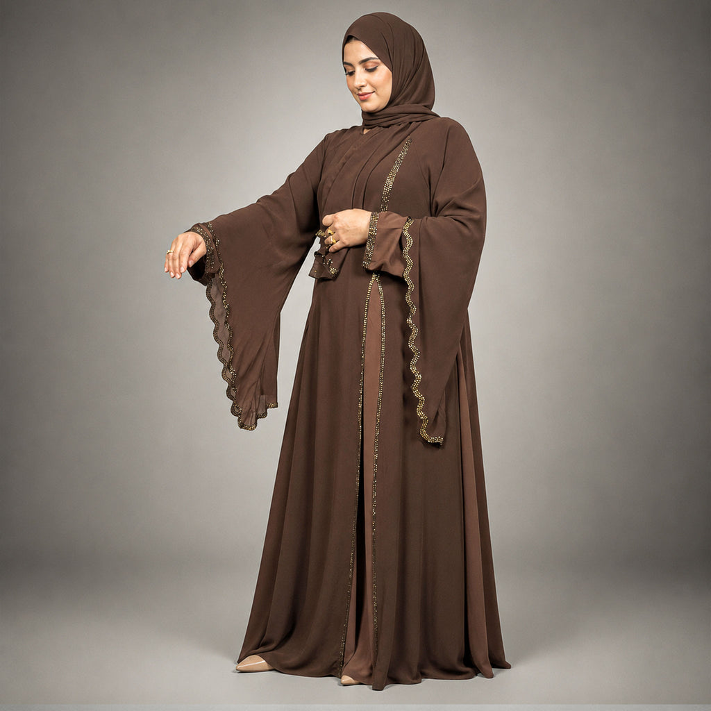 Layan Dress Abaya with Flowy Sleeves – Elegant Modest Wear in Navy & Chocolate Brown