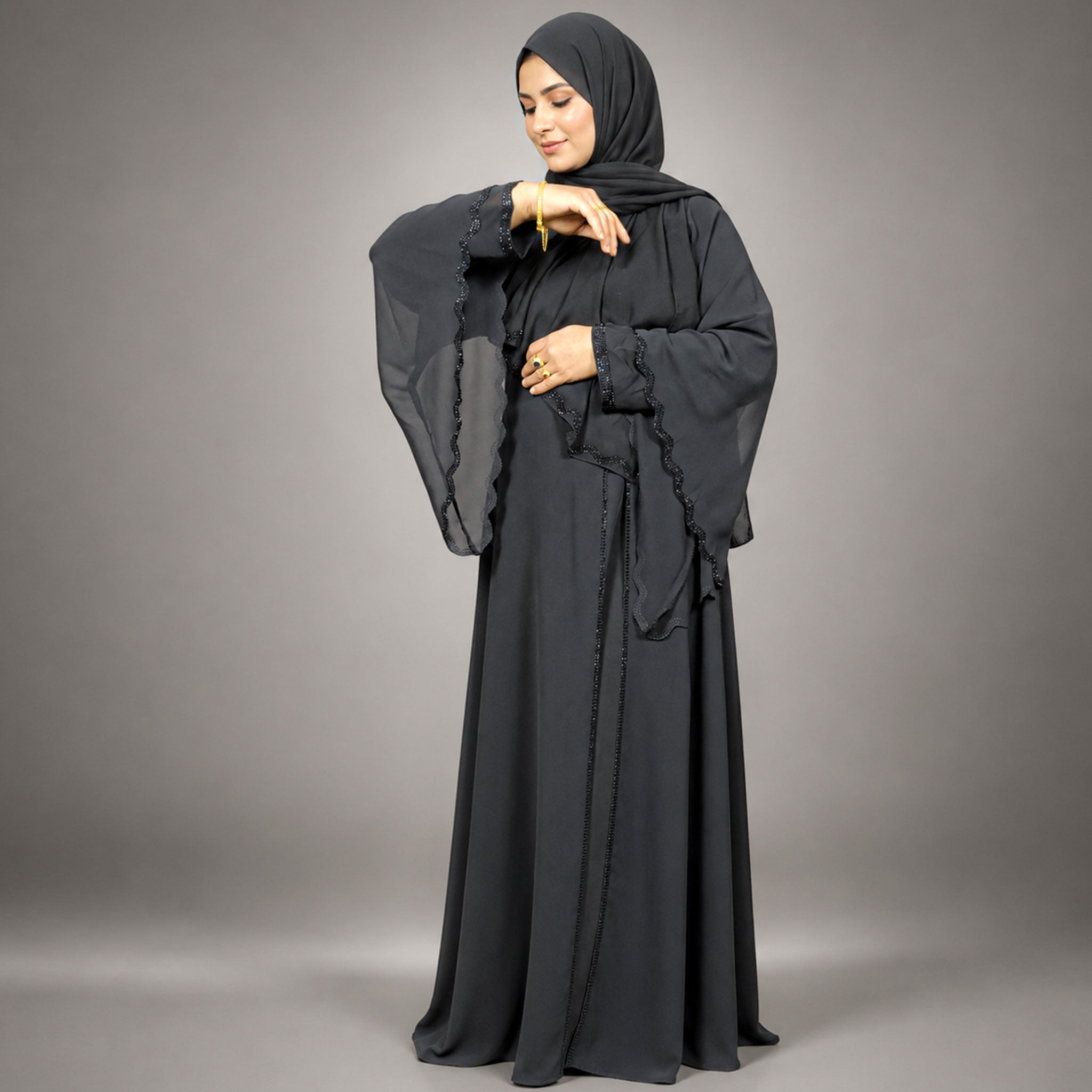 Layan Dress Abaya with Flowy Sleeves – Chocolate Brown & Navy Blue