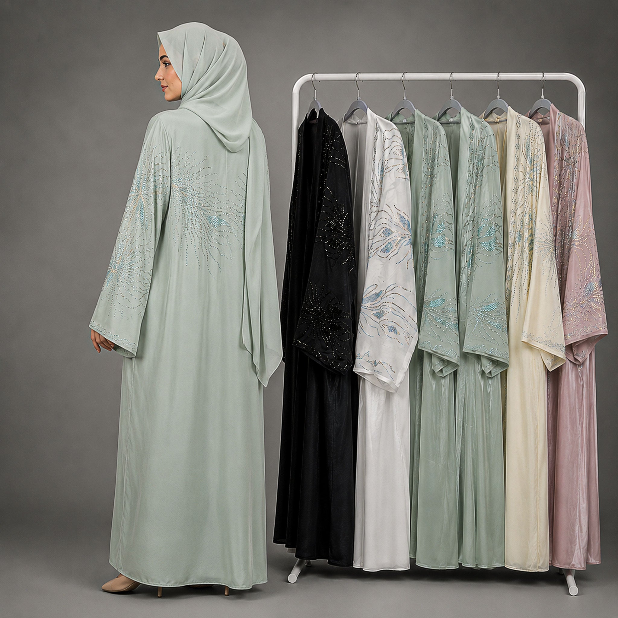 Yusrah 4 Piece Organza & Nida Abaya Set with Diamante Detailing