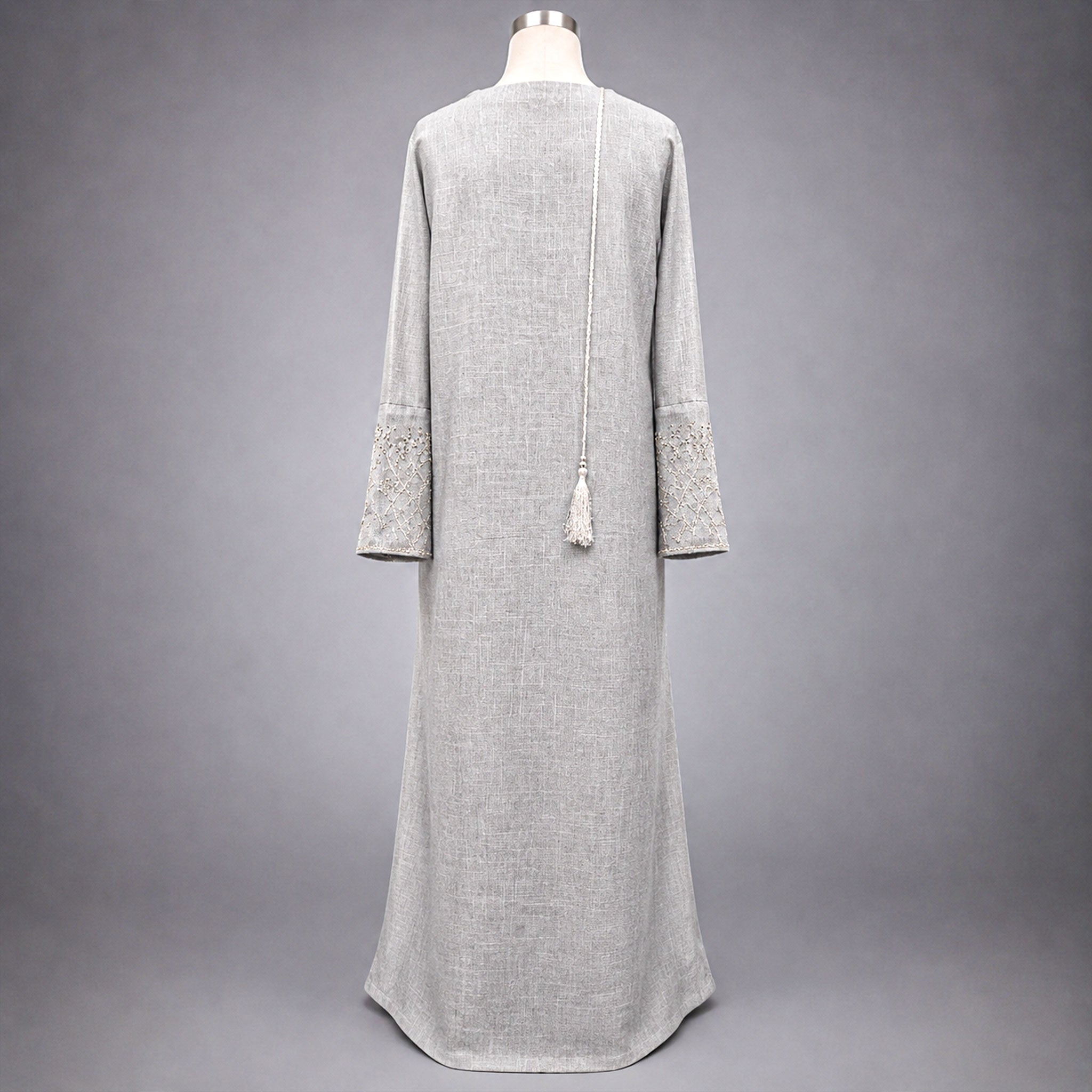 Reem Light Grey Abaya with Beaded Sleeves & Embroidered Clutch
