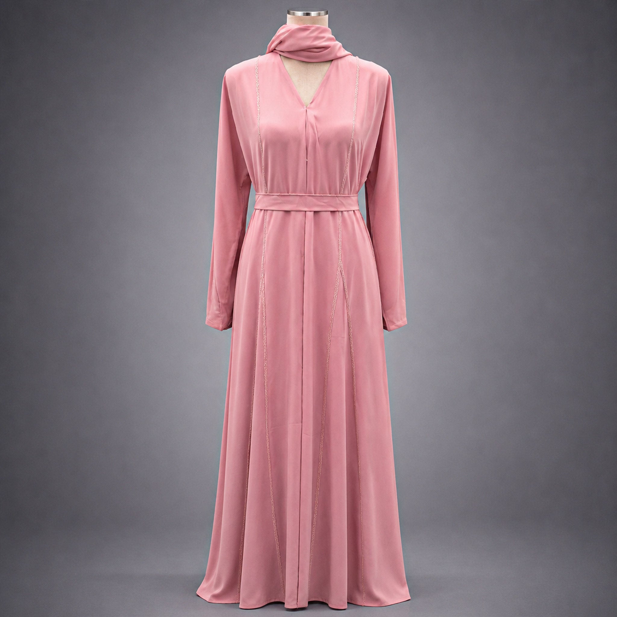 Ayla Open Front 3 Piece Beaded Abaya Set – Emerald & Blush Pink