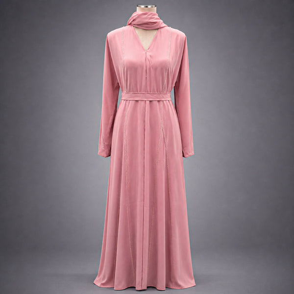 Ayla Open Front 3 Piece Beaded Abaya Set – Emerald & Blush