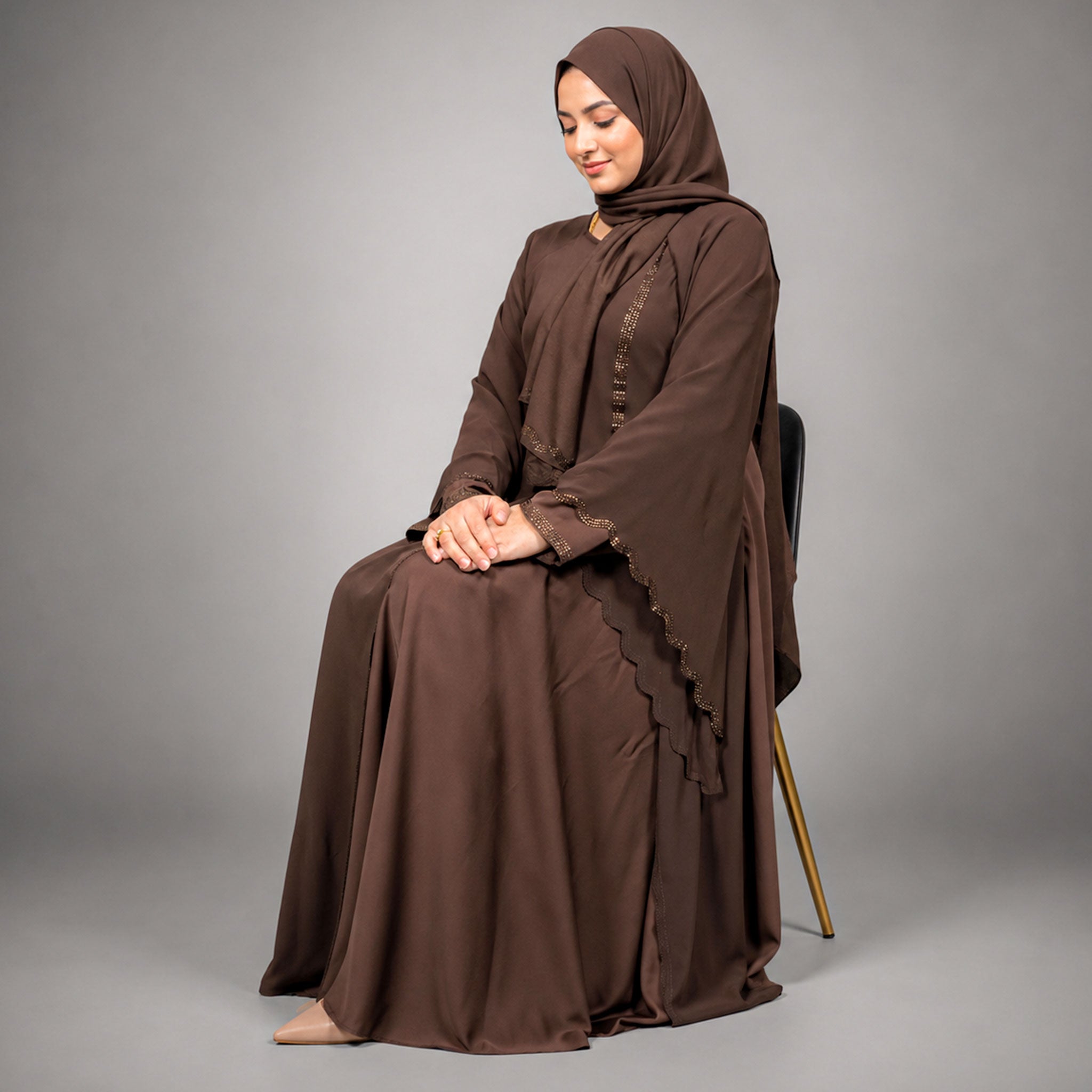Layan Dress Abaya with Flowy Sleeves – Chocolate Brown & Navy Blue