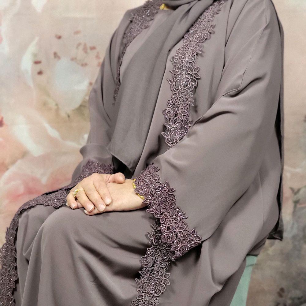 Maryam Lace 4 Piece Abaya Set with Inner Slip, Belt & Scarf – Purple