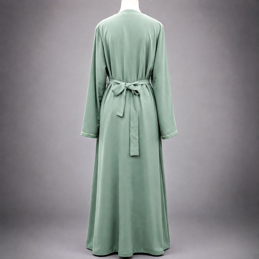 Ayla Open Front 3 Piece Beaded Abaya Set – Emerald & Blush Pink