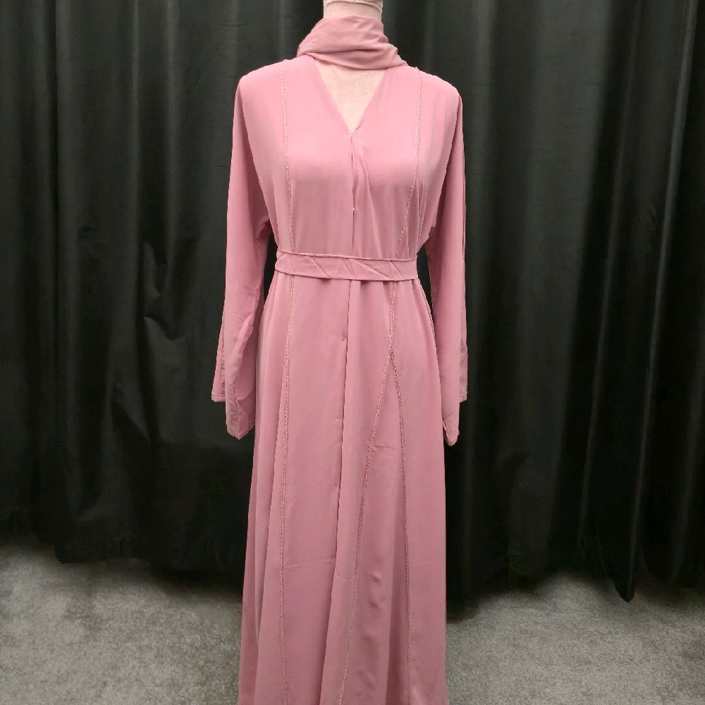 Ayla Open Front 3 Piece Beaded Abaya Set – Emerald & Blush Pink