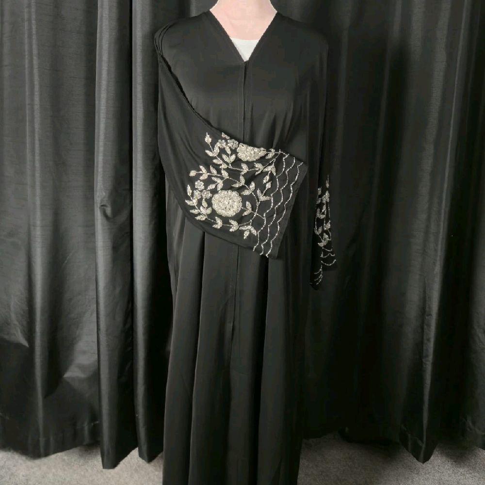 Anaya Black Korean Nida Abaya with Beaded Handwork Sleeves