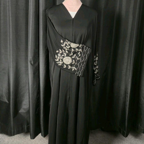Anaya Black Korean Nida Abaya with Beaded Handwork Sleeves