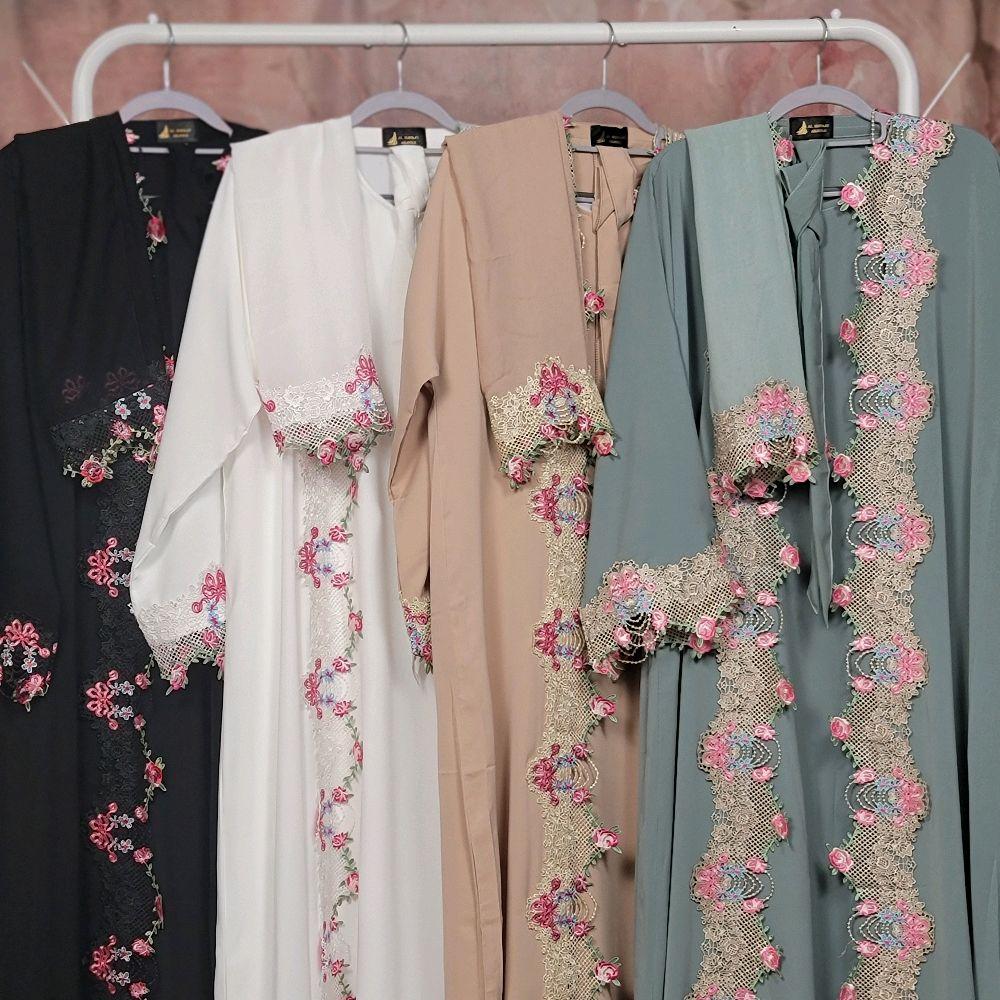 Nardine Lace Floral 4 Piece Abaya Set with Inner Slip, Belt & Scarf