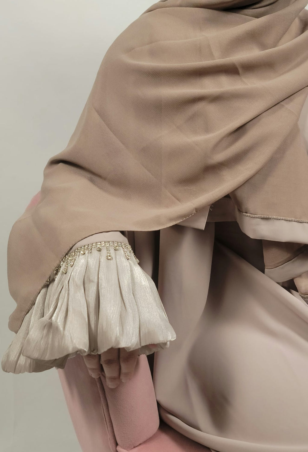 Almas Beige Butterfly Abaya in Premium Nida Fabric with Diamond Lace Sleeves