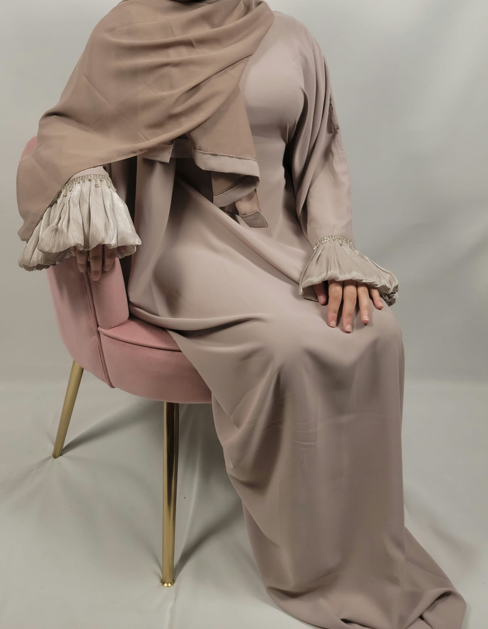 Almas Beige Butterfly Abaya in Premium Nida Fabric with Diamond Lace Sleeves